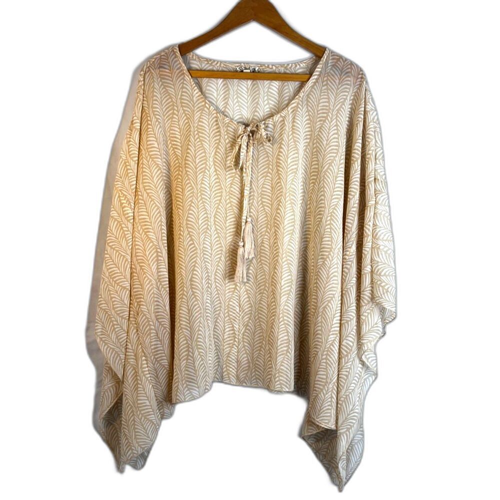 One World Poncho Blouse Leaf Print Sheer Vacation Beachy Boho Size Large